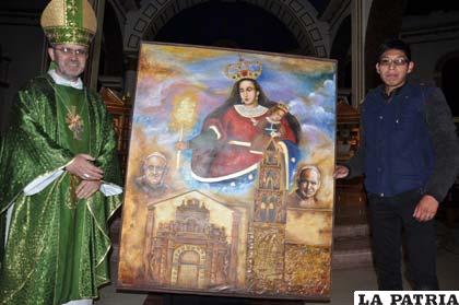 Monseñor Bialasik y el autor del cuadro, Marco Montaño