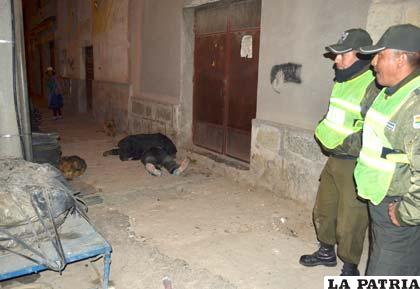 Dos policías observan el cuerpo sin vida y a su lado al can durmiendo