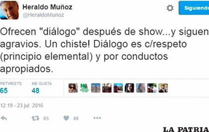 La cuenta de Twitter del canciller chileno, Heraldo Muñoz /elpaisonline.com