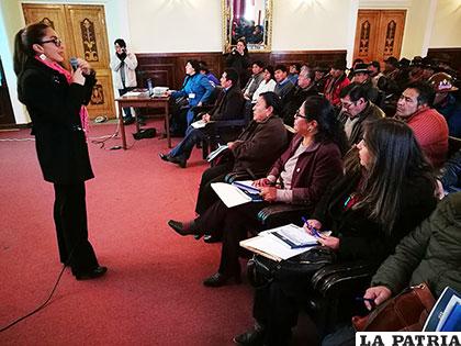 La ministra Prado explicando el Plan de Desarrollo Económico Social a los asistentes