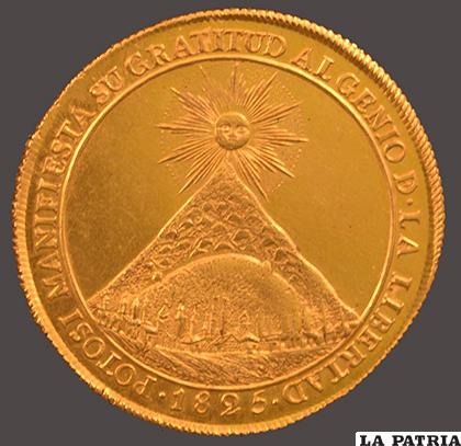 Reverso de la medalla de la Ilustre Municipalidad de Potosí al Libertador Bolívar, oro de 22 quilates acuñada en la Casa de Moneda de Potosí, colección Urrutia