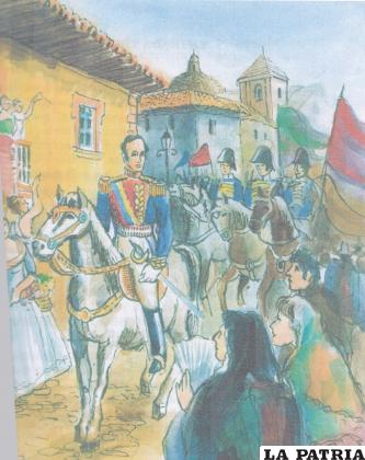 Dibujo de Eber Bautista que representa el ingreso de Simón Bolívar a Potosí
