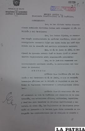 Decreto que instaura el Día de la Policía el 24 de Junio