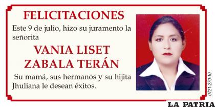 FELICITACIONES VANIA LISET ZABALA TERÁN
