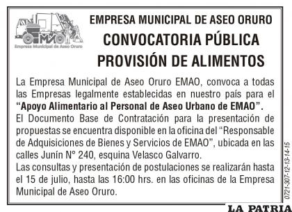 Empresa Municipal de Aseo Oruro
CONVOCATORIA PÚBLICA PROVISIÓN DE ALIMENTOS