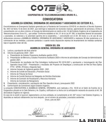 CONVOCATORIA
ASAMBLEA GENERAL ORDINARIA DE ASOCIADAS Y ASOCIADOS DE COTEOR R.L.