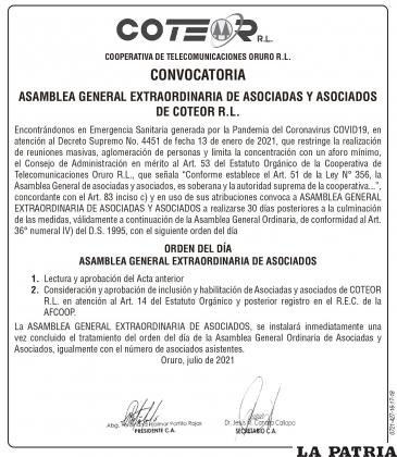 CONVOCATORIA
ASAMBLEA GENERAL EXTRAORDINARIA DE ASOCIADAS Y ASOCIADOS DE COTEOR R.L.
