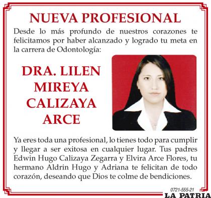 Nueva Profesional Dra. Lilen Mireya Calizaya Arce