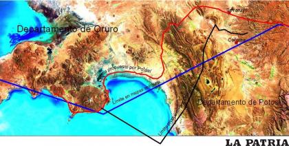 La línea azul es la que divide antiguamente a ambos departamentos, según documentos históricos.