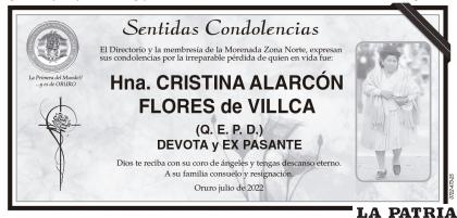 Hna. CRISTINA ALARCÓN FLORES de VILLCA