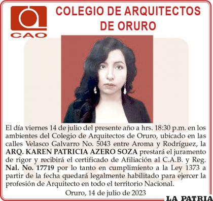ARQ. KAREN PATRICIA AZERO SOZA