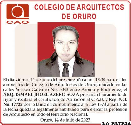 ARQ. ISMAEL JHOEL AZERO SOZA