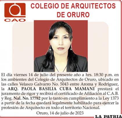 ARQ. PAOLA BASILIA CUBA MAMANI