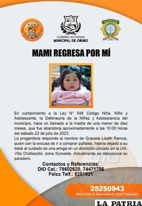 La DIO emitió un panfleto para encontrar a la madre de la infante /DIO
