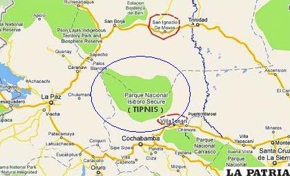 El área en recuadro es el Tipnis, que podría ser afectado a partir de la construcción de la vía Cochabamba-Beni