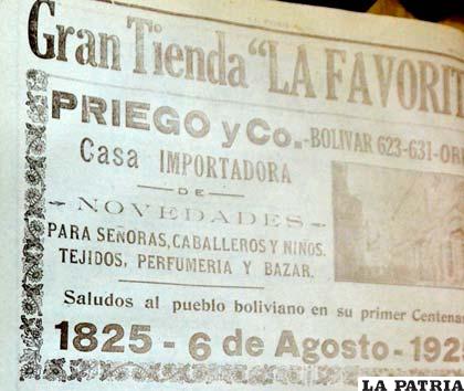 Empresas que a través de un aviso publicitario plasmaron su homenaje a los 100 años de Independencia de Bolivia