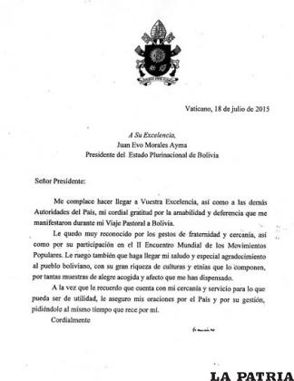 Carta del Papa Francisco al Presidente Evo Morales /ABI
