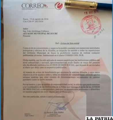 Misiva enviada al alcalde de Sucre /ANF