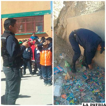 (Izq) rastrillaje efectuado en unidad educativa (der) guardias municipales hacen el recojo de los dulces /Defensa al Consumidor