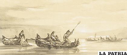 Balsas (embarcaciones pesqueras) en la costa de Bolivia.
BORGET, Auguste: Fragments d´un voyage autour du monde, 
Moulins: P. A. Desrosiers Imprimeur ?diteur, s.d., 1850.