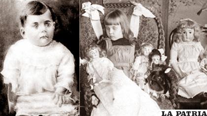 Los ojos del niño fueron pintados en la foto, mientras que la niña está dispuesta en posición vertical, como si se hubiera dormido mientras jugaba con sus muñecas favoritas