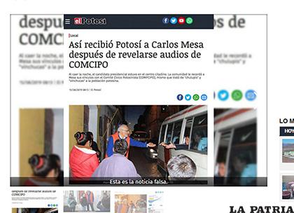 Captura de pantalla que expone la noticia falsificada /Imagen de la página web de El Potosí