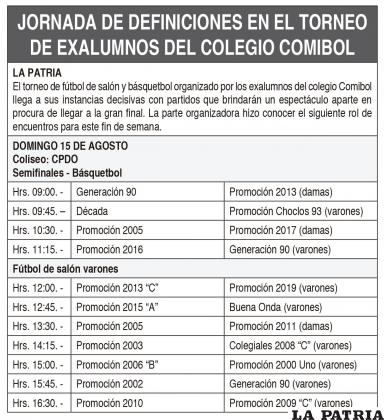 Jornada de definiciones en el torneo 
de exalumnos del colegio Comibol