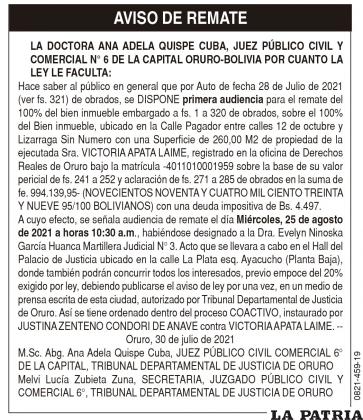 AVISO DE REMATE