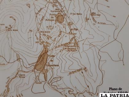 Colquechaca, Aullagas y Anconaza en el plano de Federico Alfeldh