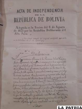 Una de las copias originales del Acta de la Independencia en Colquechaca