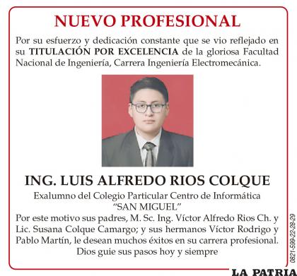 ING. LUIS ALFREDO RIOS COLQUE