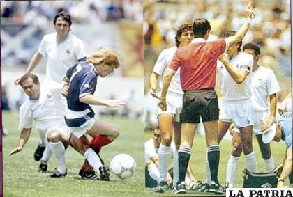 Una entrada fuerte José Batista le costó la expulsión a los 56 segundos de iniciado el partido entre Uruguay y Escocia en México 1986
