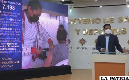 El ministro de Salud, Jeyson Auza durante el informe epidemiológico de cada lunes /Min. SALUD