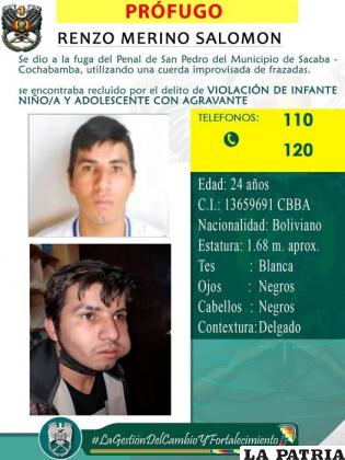 Renzo Merino Salomón, se fugó de la cárcel de San Pedro /Policía 
