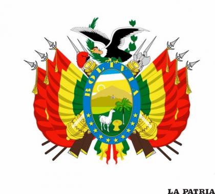 ESCUDO DE ARMAS
El 14 de julio de 1888, durante el gobierno de Gregorio Pacheco fue firmado el Decreto Supremo que establecía el escudo nacional por un óvalo central, en la parte superior, sobre fondo azul está inscrito en letras doradas ??Bolivia? y en la parte inferior aparecen diez estrellas por los nueve departamentos y el Litoral; en el interior, el sol naciente, el Cerro Rico de Potosí, y la Casa de la Moneda; adelante la llama, la palmera y haz de trigo. A los costados, seis pabellones: rojo, amarillo y verde sostenidos por seis lanzas, cuatro fusiles y dos cañones, símbolos de fuerza y poder.
En la parte derecha, junto a la boca de uno de los cañones, el hacha incaica y en la otra el gorro frigio de la libertad, sobre el óvalo, rodeado de ramas de olivo y laurel que son símbolos de paz y victoria, el cóndor en actitud de levantar vuelo. En 2004, en la presidencia de Carlos Mesa se sustituyó la alpaca por la llama, el árbol del pan por la palmera janchi coco y una capilla del Sagrado Corazón de Jesús. También se especificó la presencia del Cerro Mayor y el Cerro Menor de Potosí.