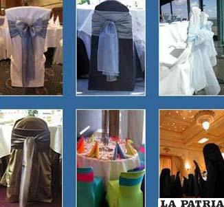 MANTELERÍA. Por lo general, el color de la mantelería de fondo y de los faldines para las sillas deben ser claros, es decir blanco, marfil, etc. Ahora bien, el color de los sobre manteles, caminos y moñas para las sillas deben ser elegidos de acuerdo al tipo de evento a realizar, por ejemplo si hablamos de una boda debemos elegir colores más sobrios elegantes por ejemplo el dorado, plateado guindo y el rojo. Ahora cuando se tiene un acontecimiento más divertido y juvenil, como por ejemplo un quince años se elige cualquier color, el mismo puede combinar con el vestido de la quinceañera o con el decorado del salón en general, en este caso la moña de las sillas pueden tomar formas diferentes, como flotes o mariposas dependiendo de la creatividad de la anfitriona.