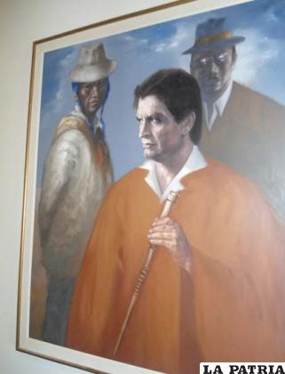 De poncho y con bastón de mando, una pintura que data de su gobierno (1989-1993)