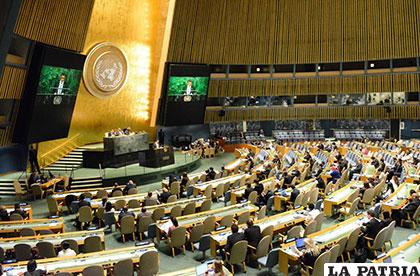 Asamblea de la ONU donde Sacha Llorenti expuso la propuesta del Gobierno /ABI