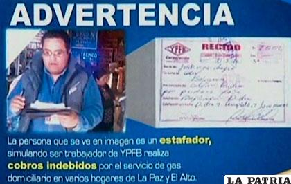 Esta es la foto y la información difundida por YPFB sobre el presunto estafador /Captura de pantalla Bolivisión