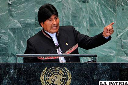 Presidente Evo Morales durante su intervención en la ONU /CONTRAINJERENCIA.COM