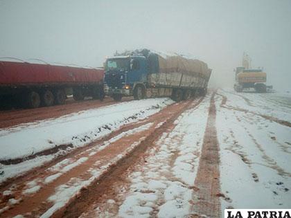 Un camión atrapado durante la nevada en la  doble vía Caracollo- Confital /ABC