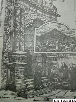 Grabado alegórico al hallazgo de la imagen en la puerta del templo