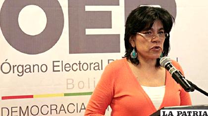 La presidenta del TSE, Katia Uriona, expuso sus motivos para no estar de acuerdo con la normativa /Los Tiempos