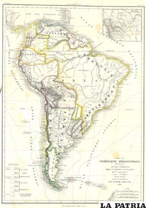 Mapa de América del Sur (1838) elaborado por Alcide d´Orbigny, es uno de los más demostrativos sobre el dominio de Bolivia en su extenso Litoral / D´ORBIGNY, 
Alcide: Voyage dans l´Amérique Méridionale, Chez Pitois-Levrault et C. Libraires- ?diteurs, Paris, 1844, Vol. 4