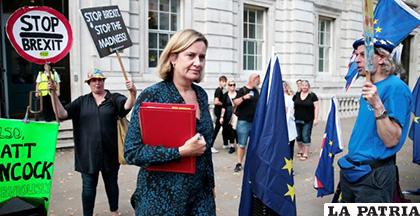 La ministra de Trabajo y Pensiones británica, Amber Rudd, junto a manifestantes contrarios al brexit /publico.es