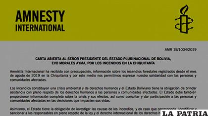 Carta de la organización mundial de Derechos Humanos, Amnistía Internacional al Presidente Evo Morales
