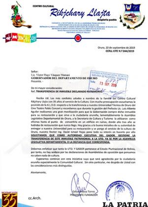 La carta presentada por el Centro Cultural Rijchary Llajta /Celso Orozco