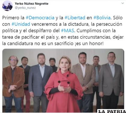 El tuit del ministro de la Presidencia, Yerko Núñez tras el anuncio de Áñez / TWITTER