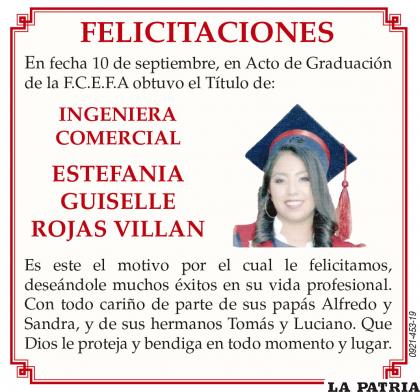 FELICITACIONES Ingeniera Comercial Estefania Guiselle Rojas Villan