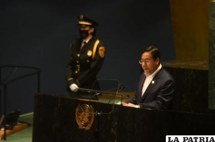 El Presidente Luis Arce durante su participación en la ONU /VICEMINISTERIO DE COMUNICACIÓN